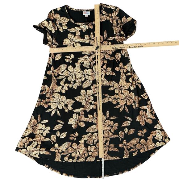 Lularoe Carly Metallic Gold Foil Floral Black Shirt Short Sleeve Dress size XS - Picture 5 of 11